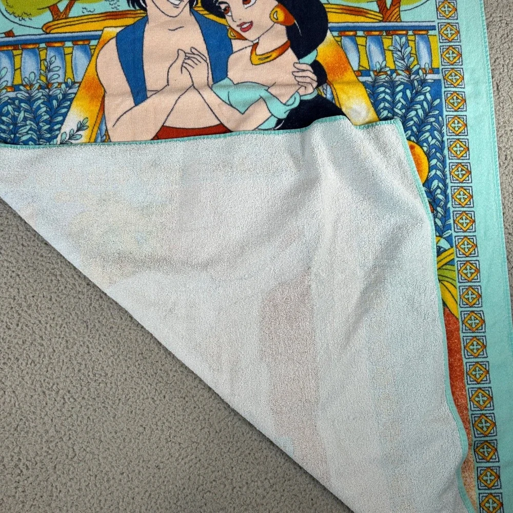 Vintage Disney Aladdin and Princess Jasmine Beach Towel Teal Orange Graphic 90s